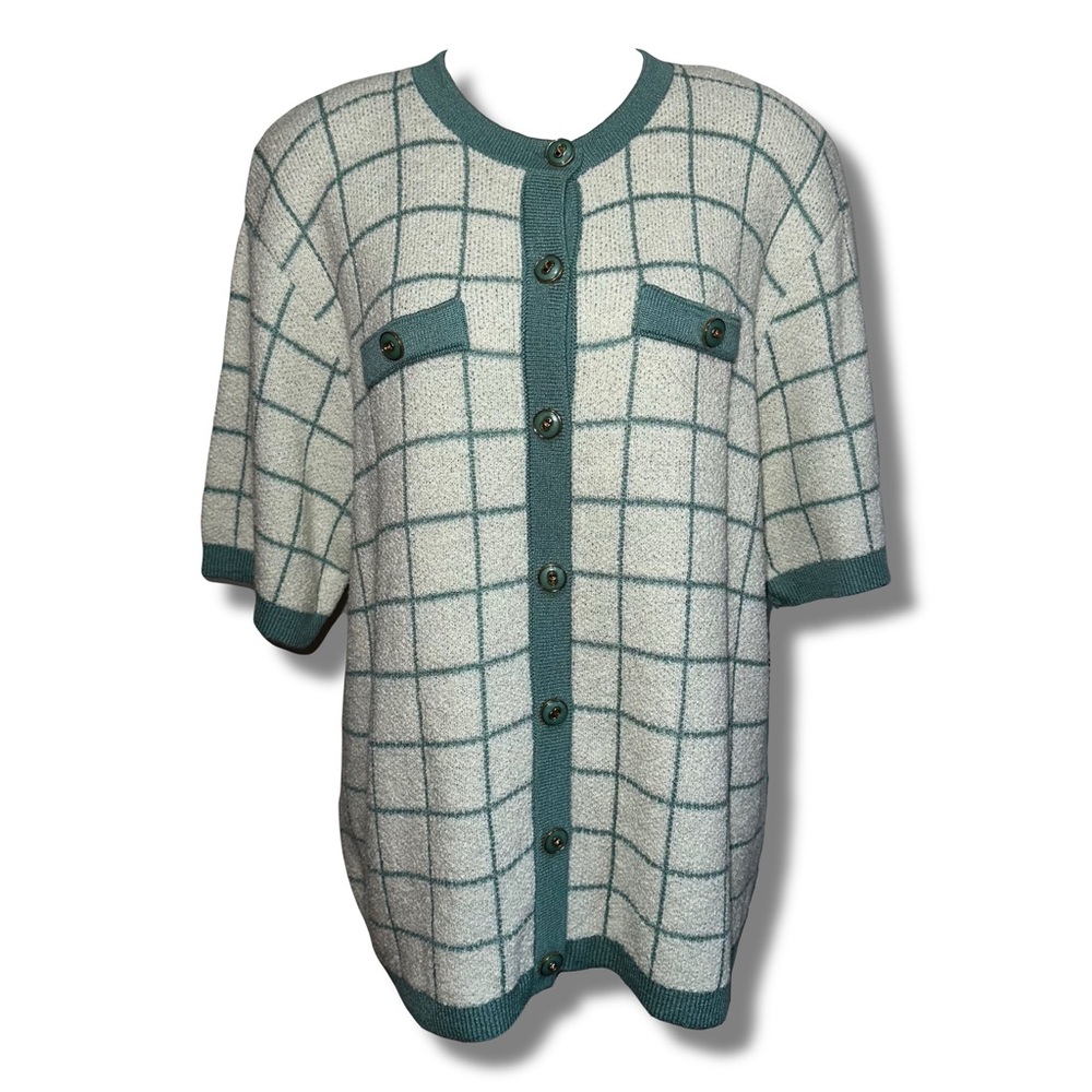 Vintage Aqua & White Button Down Short Sleeve Cardigan